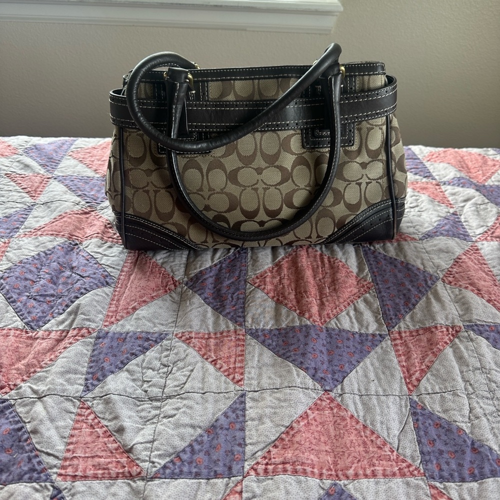 Coach Beige Signature Canvas Shoulder Bag with Dark Brown Trim - Picture 2 of 5